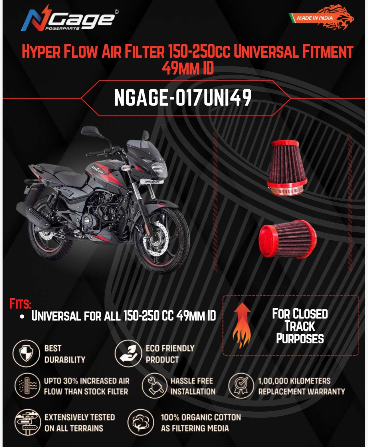 Universal For All 150-250 CC 49mm ID Air filter N-Gage Hyper Flow