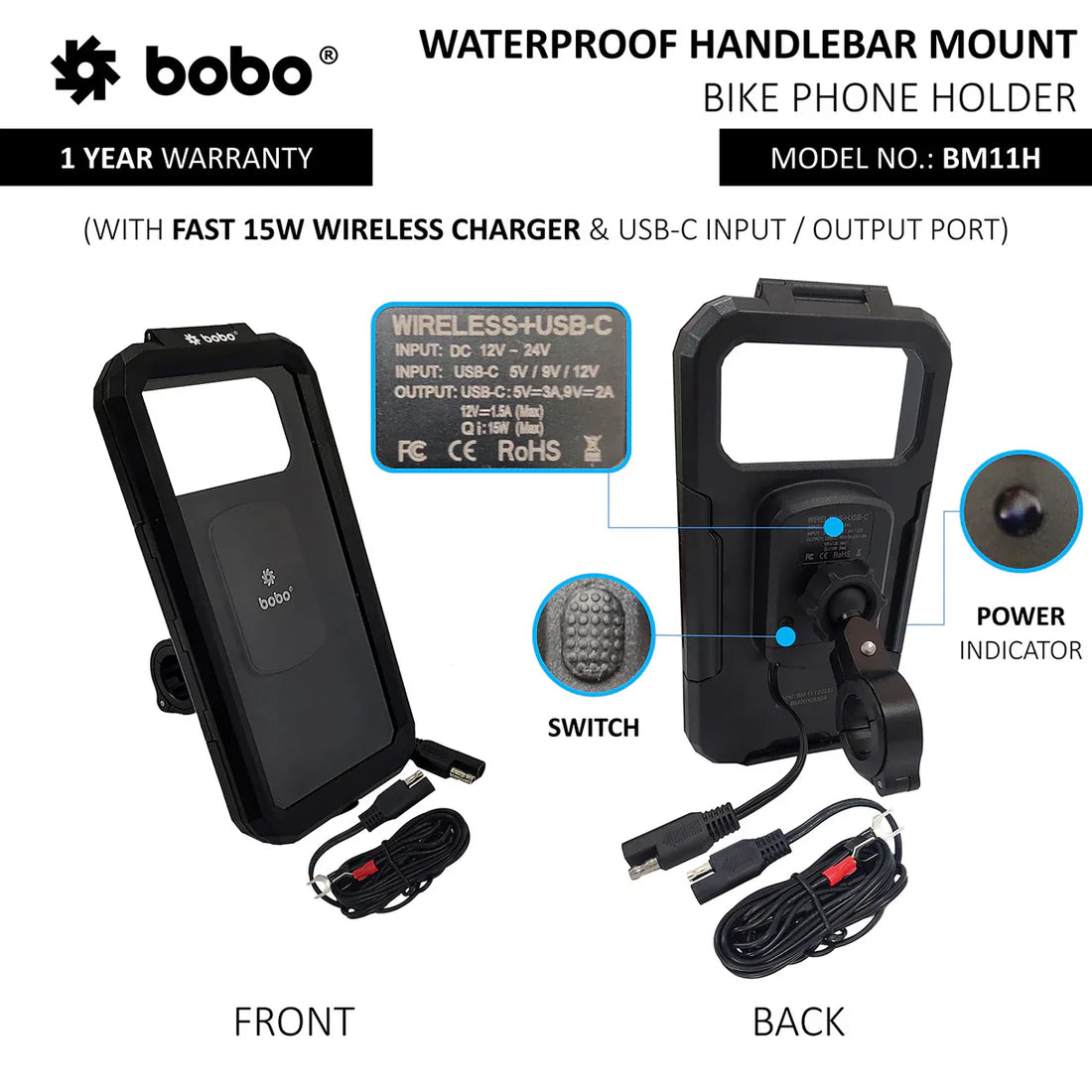 Bobo BM11 H Mobile Holder (Waterproof (With Charger) + SAE Connector + USB Cable)