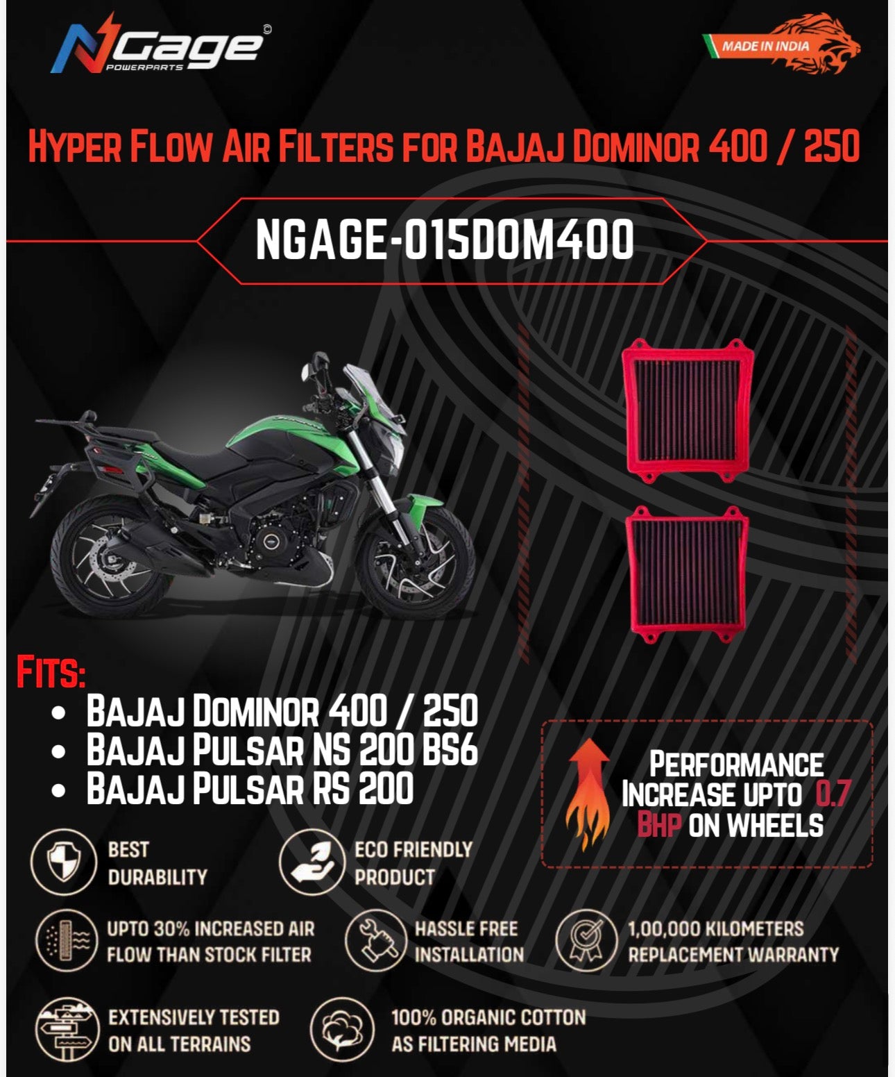 Bajaj Dominor400/250 / Pulsar NS 200 BS6 / RC 200 Air filter N-Gage Hyper Flow