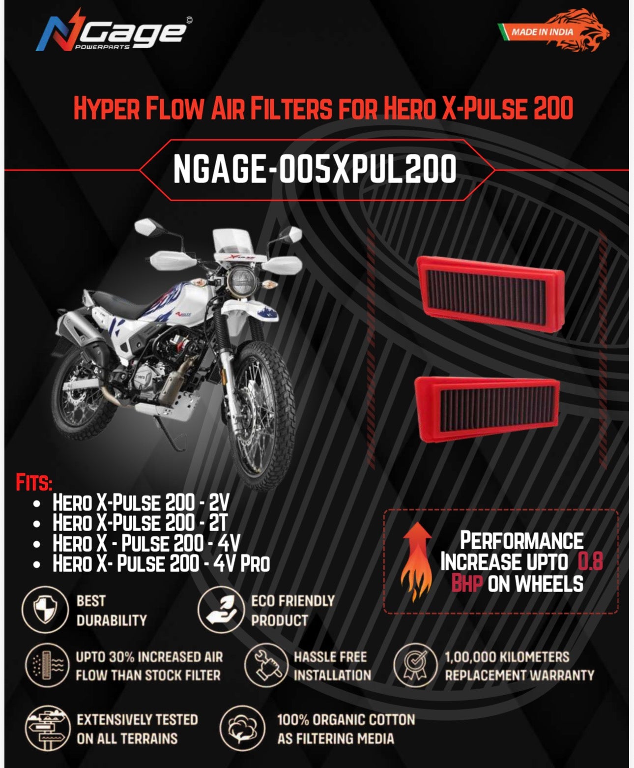 Hero X-Pulse 200 -2V/ 2T / 4V / 4V Pro Air filter N-Gage Hyper Flow