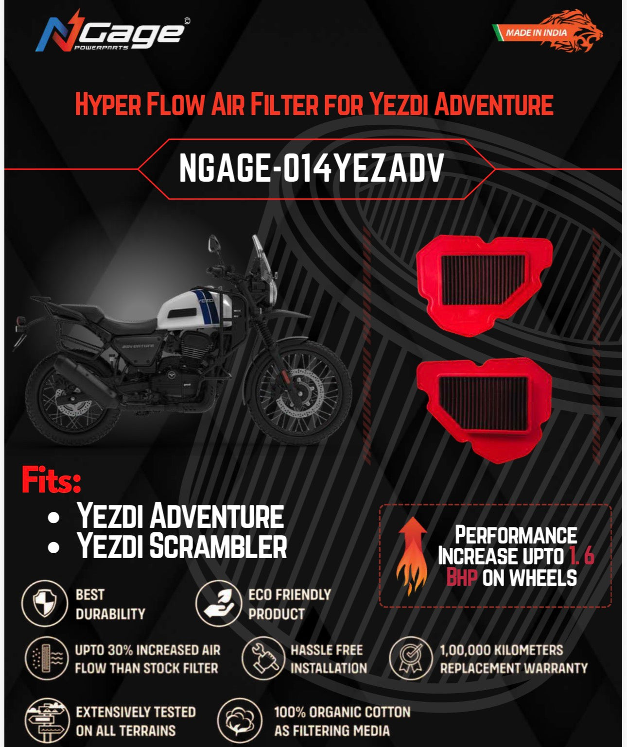 Yezdi  Adventure/ Scrambler Air filter N-Gage Hyper Flow
