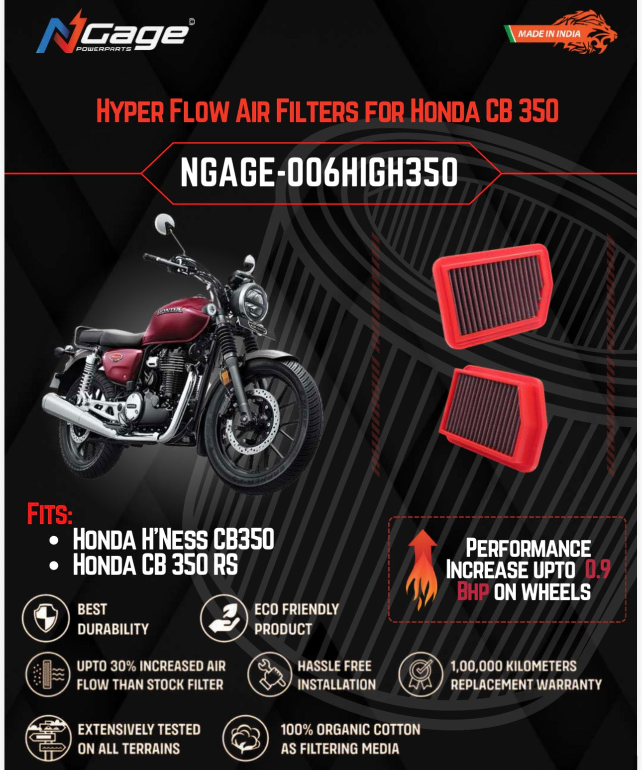 Honda H’Ness CB350 / CB 350 / RS Air filter N-Gage Hyper Flow