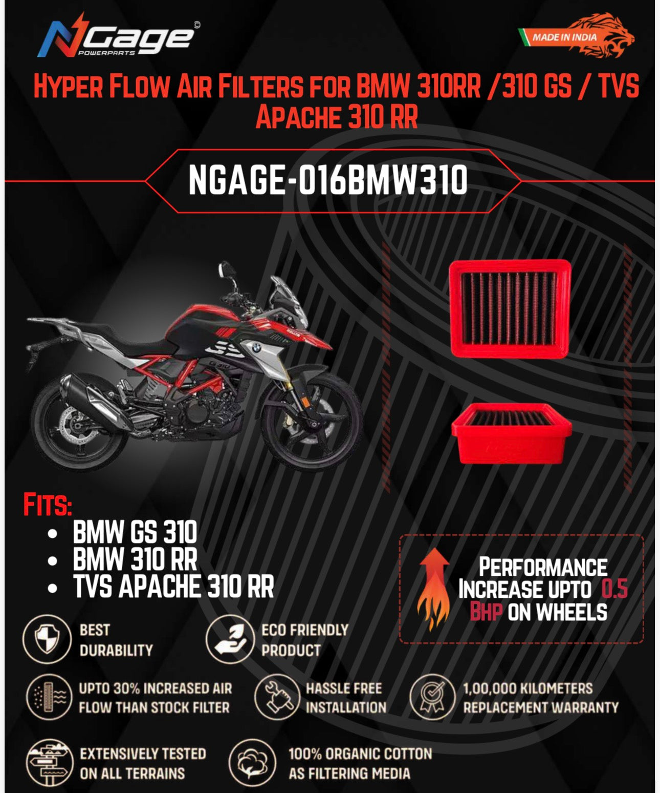 Advertisement for NGage Hyper Flow Air Filters for BMW 310RR/310 GS/TVS Apache 310 RR on a black background.