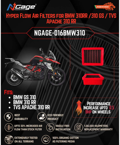 Advertisement for NGage Hyper Flow Air Filters for BMW 310RR/310 GS/TVS Apache 310 RR on a black background.