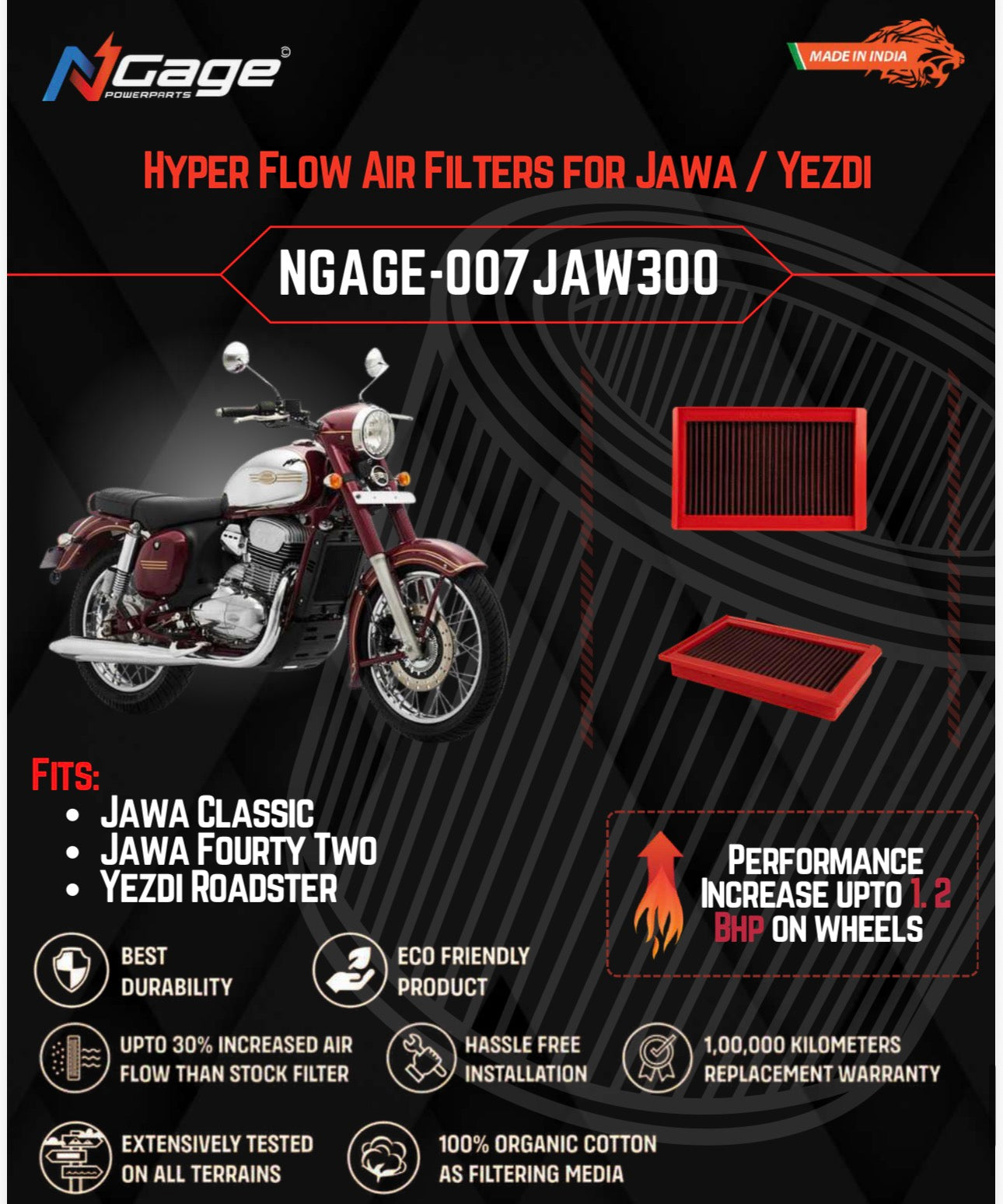 Jawa Classic / 42 /  Yezdi Roadster Air filter N-Gage Hyper Flow