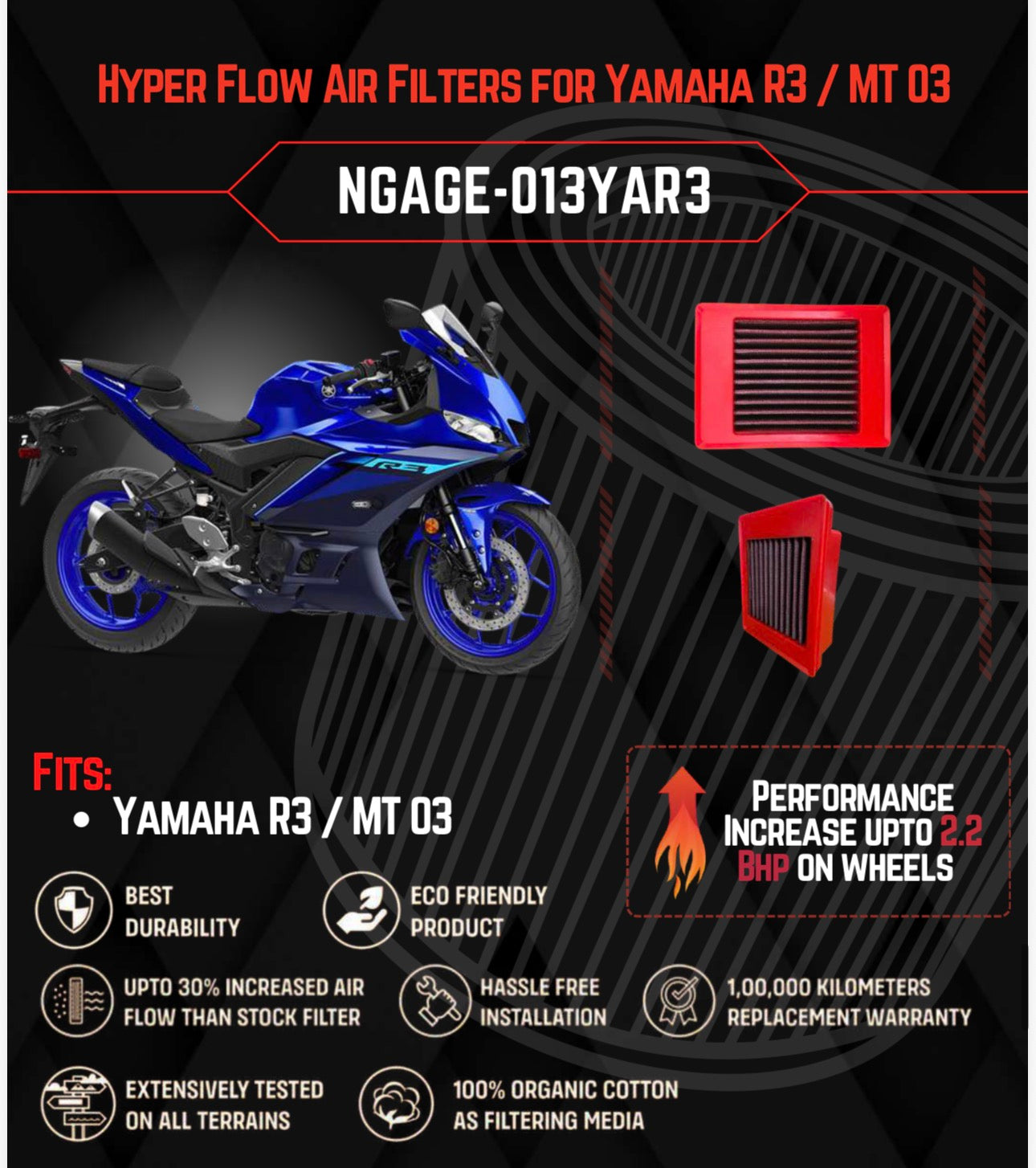 Yamaha R3 / MT 03 Air filter N-Gage Hyper Flow